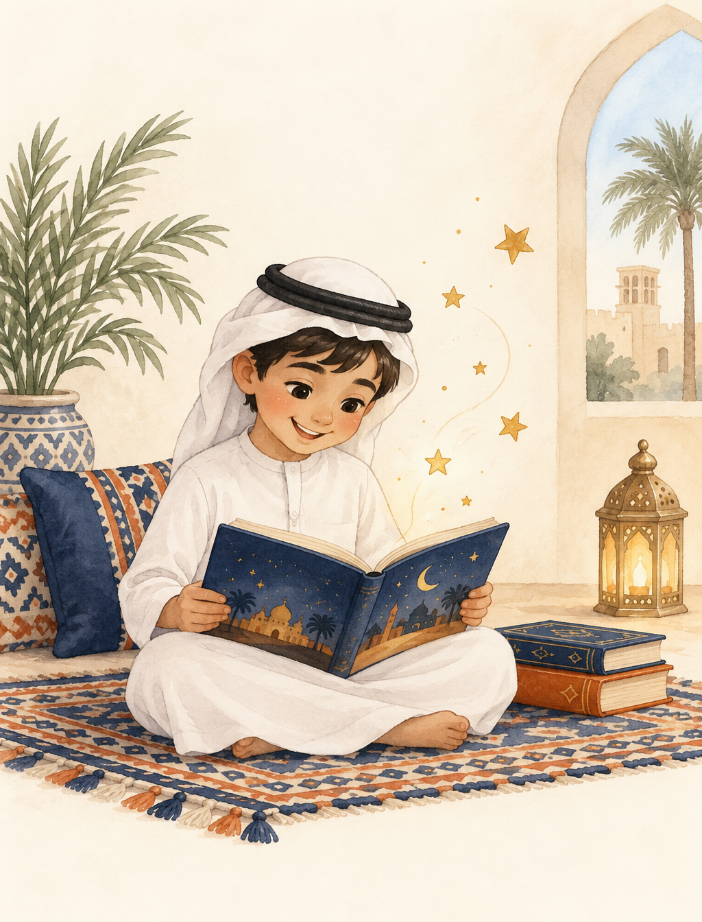 رسم توضيحي لطفل يقرأ كتاب قصص